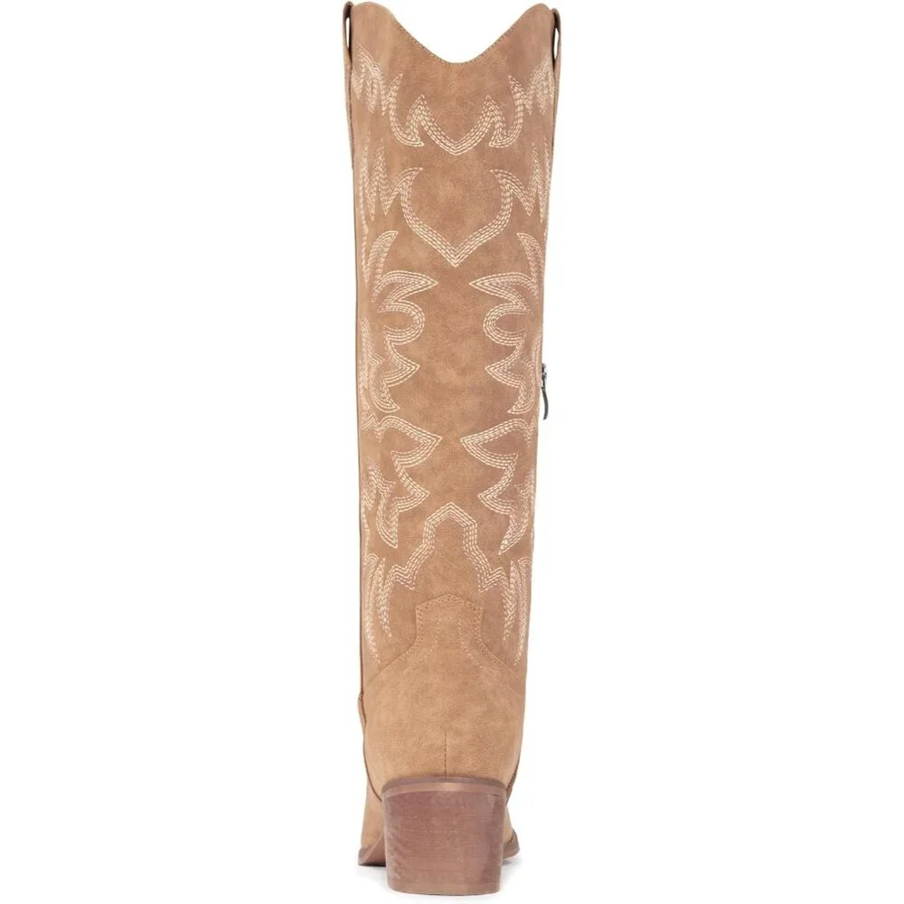 ✨Women Brown Cowboy Boots Knee High Boots Pointy Toe Boots Chunky Heel Boots